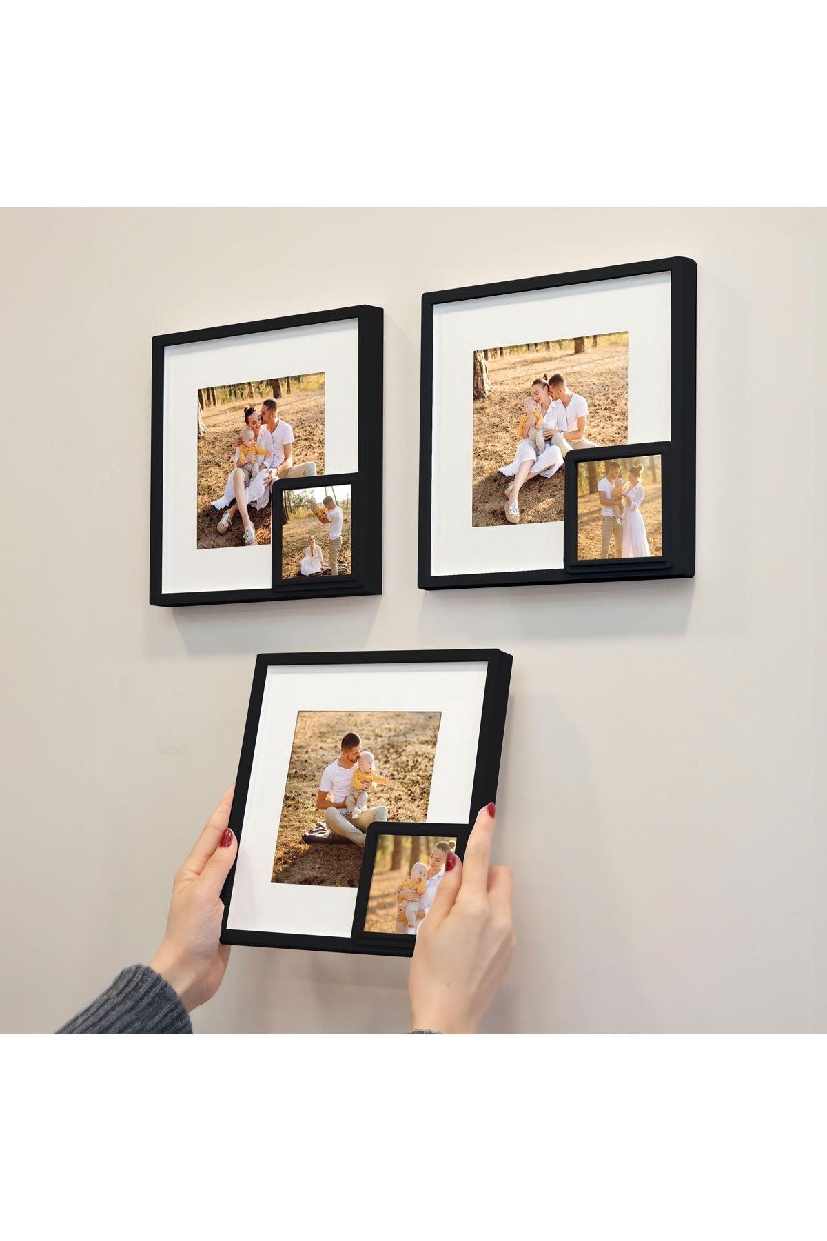 Yapışkanlı Yavrulu Sök-tak Paspartulu Siyah 21x21cm Kare Fotoğraf Çerçevesi - 3'lü Paket
